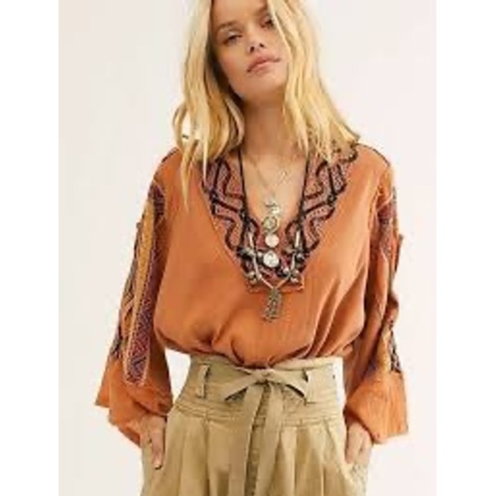 Free People Cross Country Top Orange Ribbed Cotton Embroidered V-Neck XS